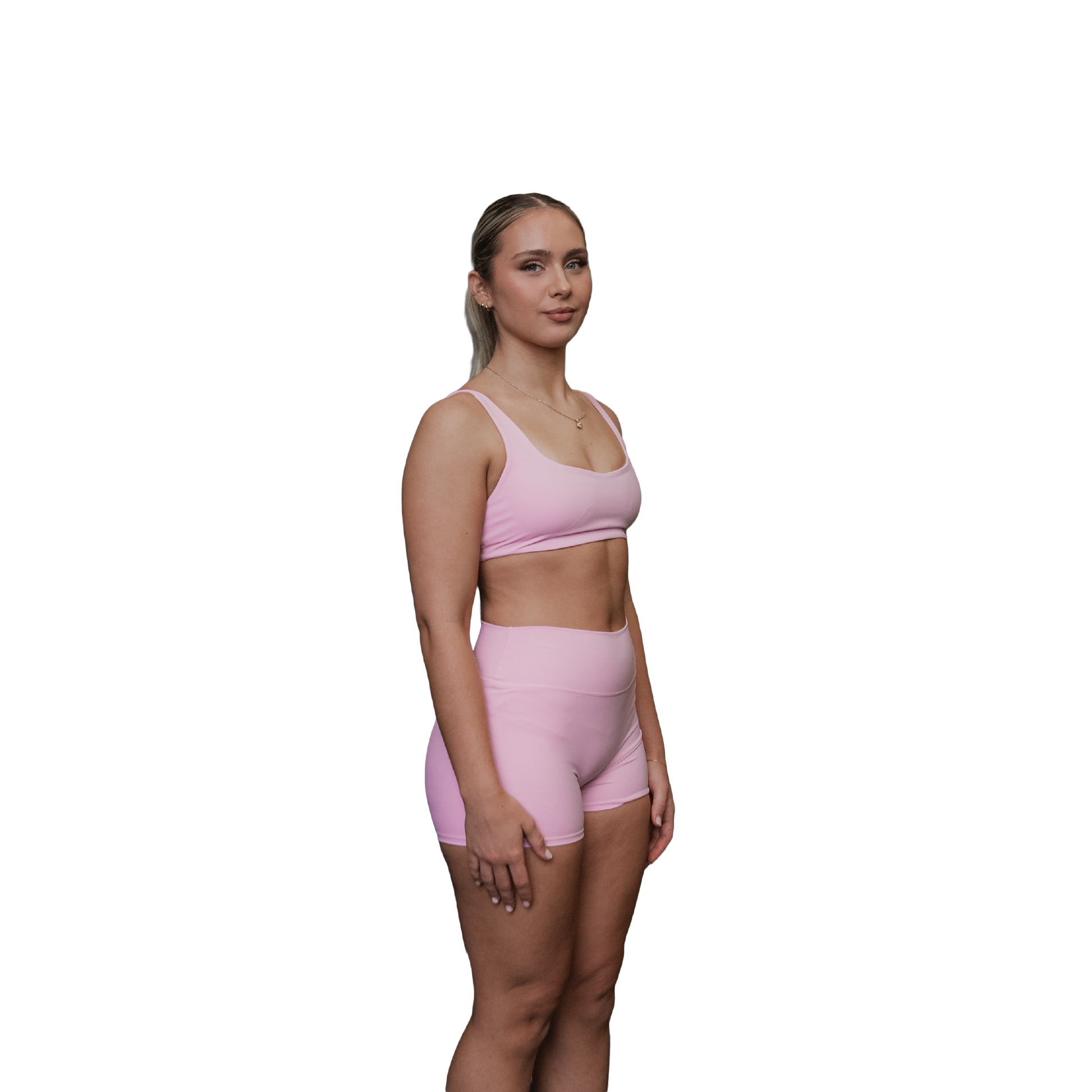 Woman wearing a pink sports bra 
