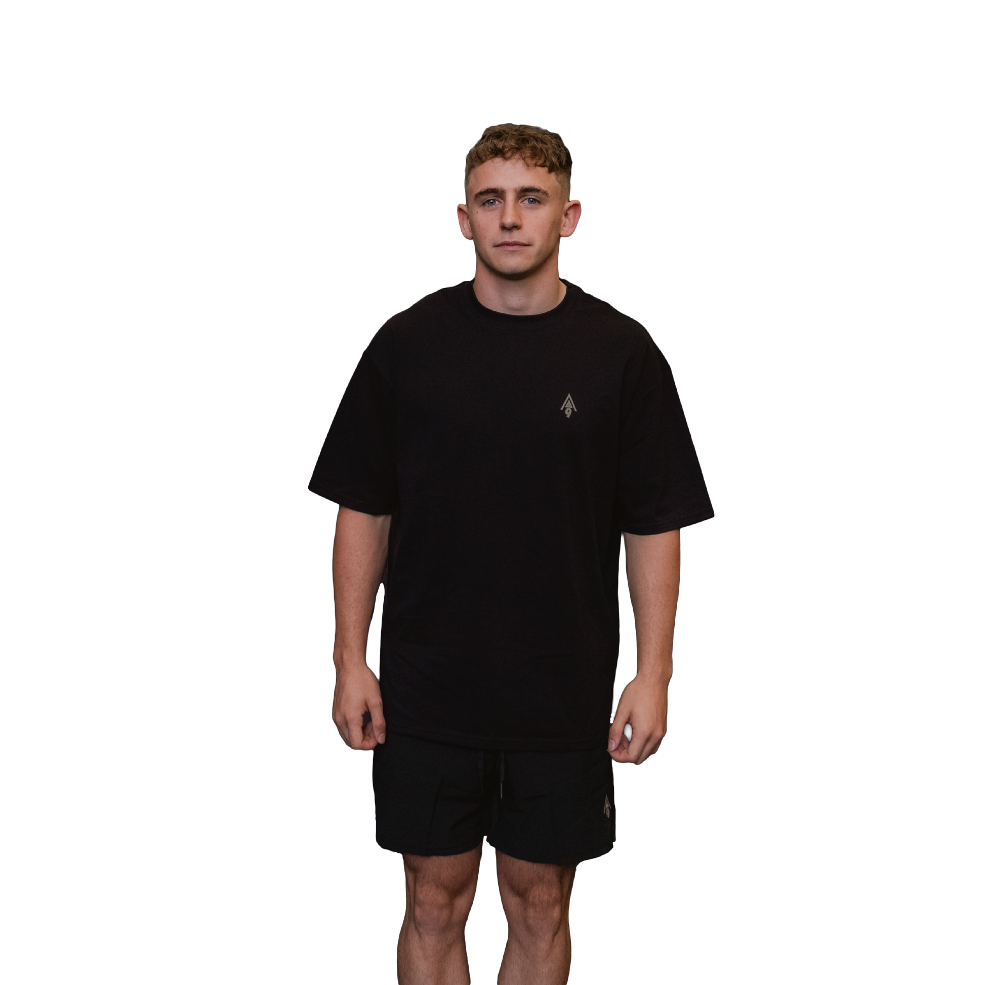 Man wearing relaxed tee unisex black front view