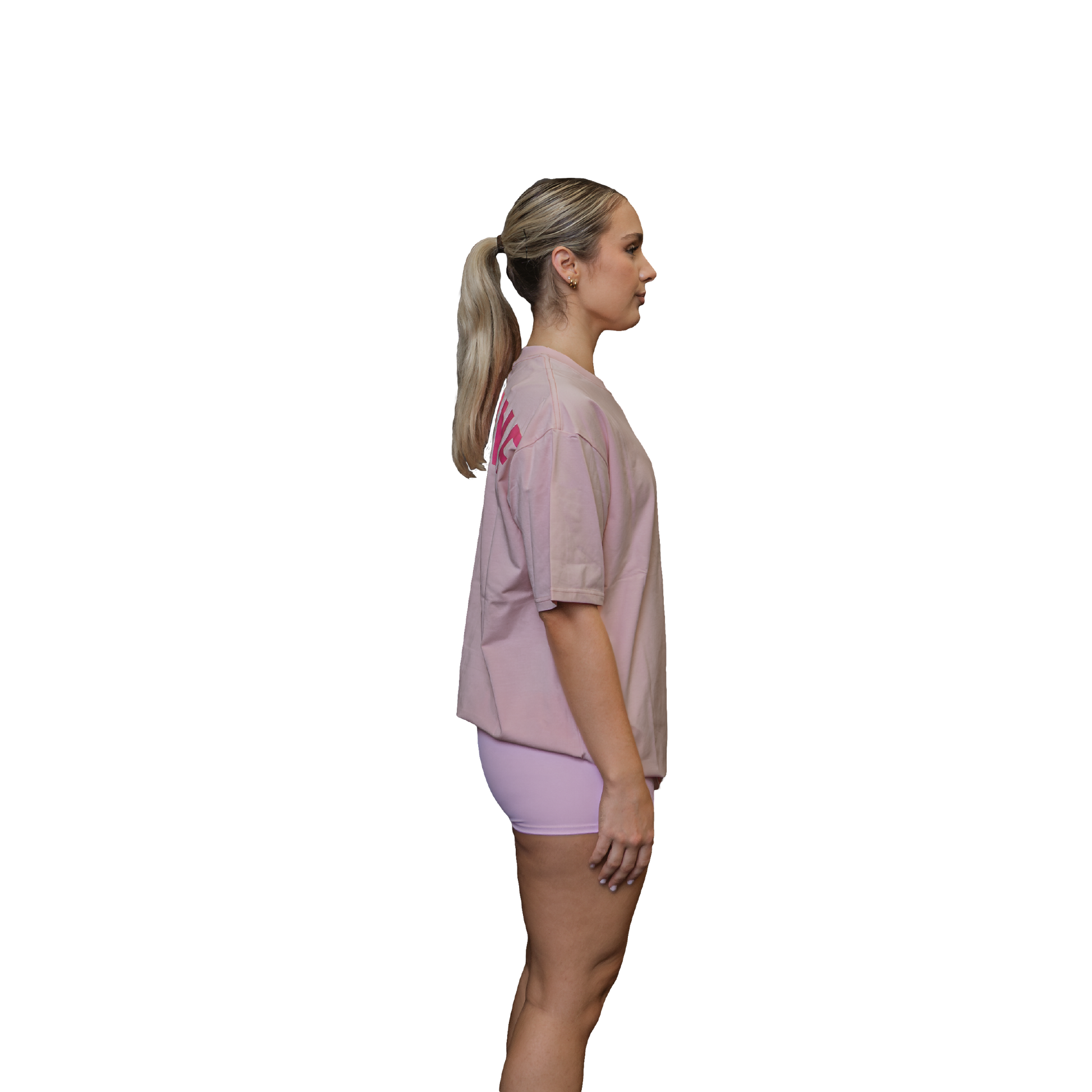 Women wearing relaxed tee unisex pink side view 