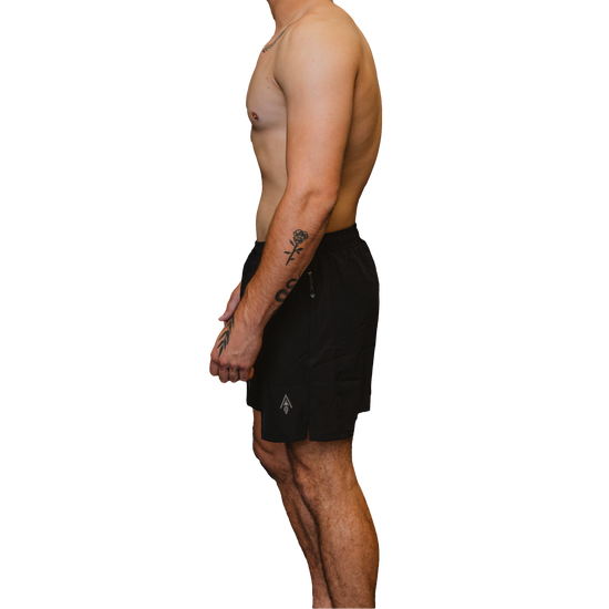 Men’s black training shorts side view