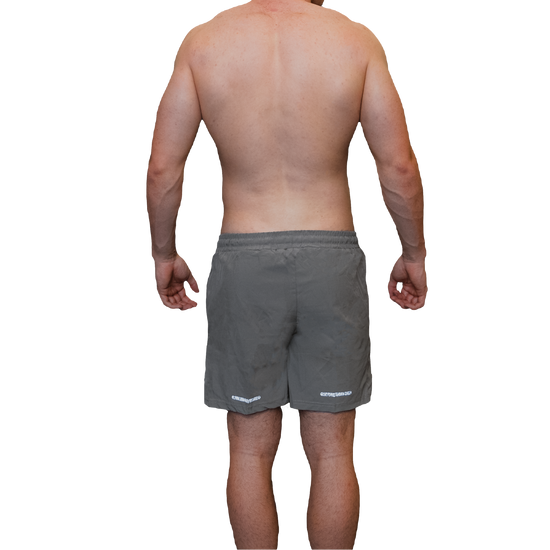 Men’s grey training shorts rear view